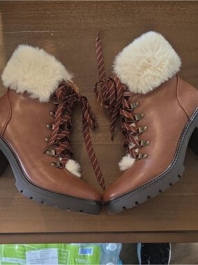 Esprit Brown Faux-Fur Lace-Up Ankle Boots